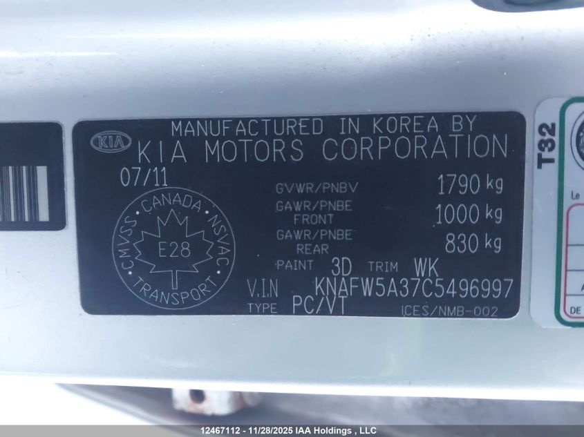 2012 Kia Forte VIN: KNAFW5A37C5496997 Lot: 12467112