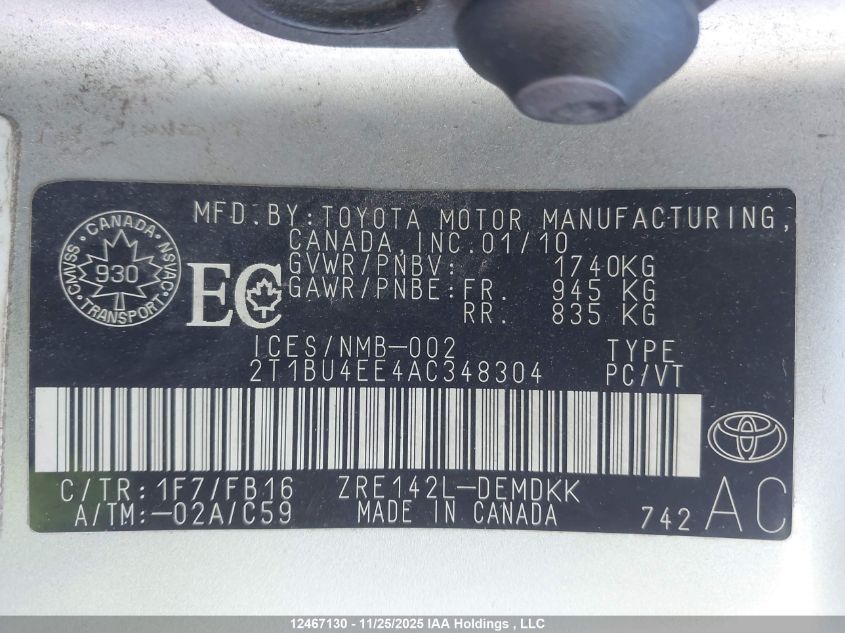 2010 Toyota Corolla Ce VIN: 2T1BU4EE4AC348304 Lot: 12467130