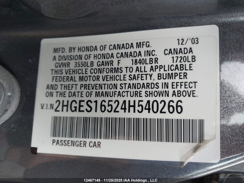 2004 Honda Civic Lx VIN: 2HGES16524H540266 Lot: 12467145