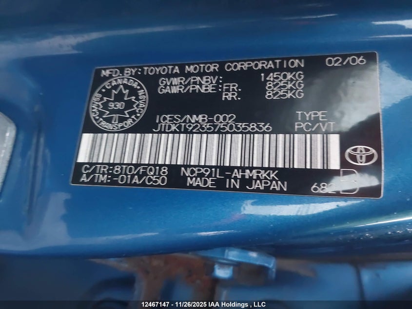 2007 Toyota Yaris VIN: JTDKT923575035836 Lot: 12467147