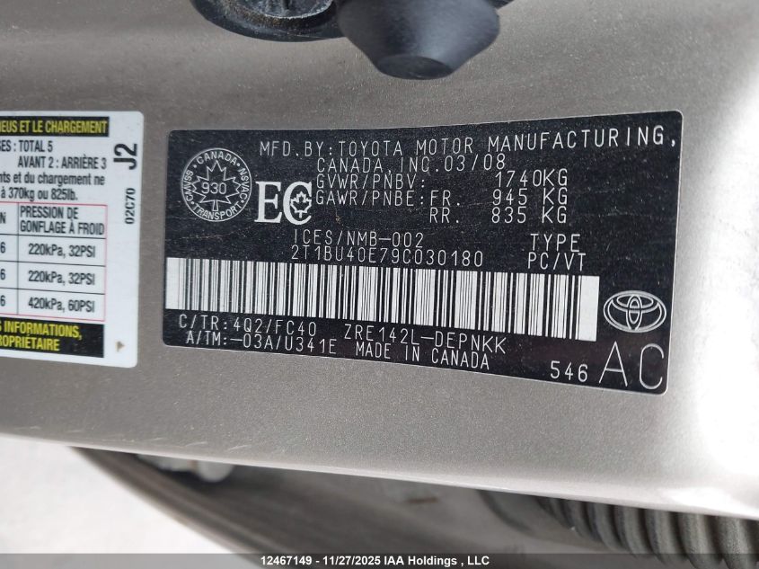 2009 Toyota Corolla S/Le/Xle VIN: 2T1BU40E79C030180 Lot: 12467149