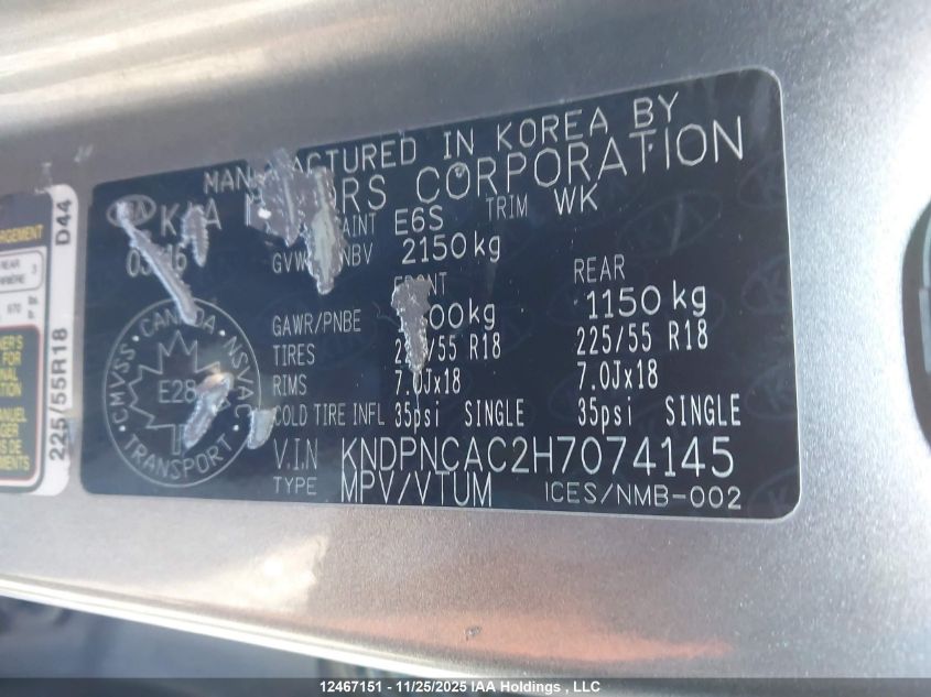 2017 Kia Sportage Ex VIN: KNDPNCAC2H7074145 Lot: 12467151