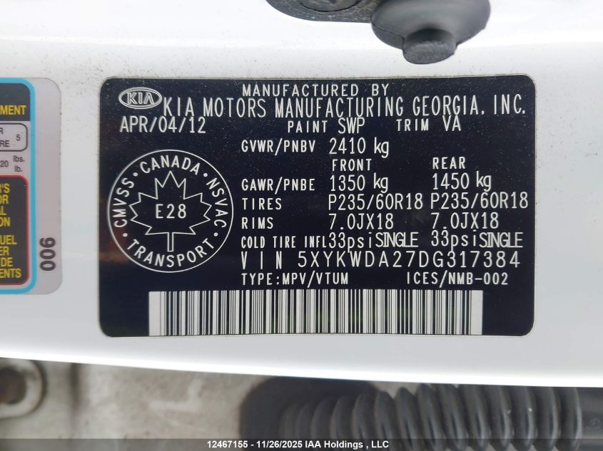 2013 Kia Sorento VIN: 5XYKWDA27DG317384 Lot: 12467155
