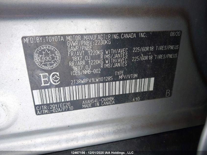 2020 Toyota Rav4 VIN: 2T3RWRFV1LW101285 Lot: 12467156