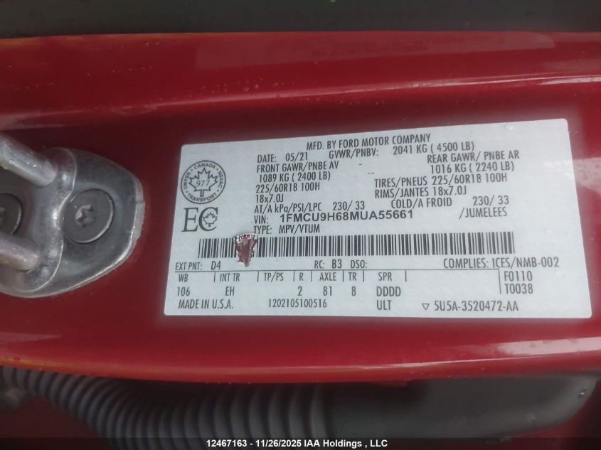 2021 Ford Escape Sel VIN: 1FMCU9H68MUA55661 Lot: 12467163