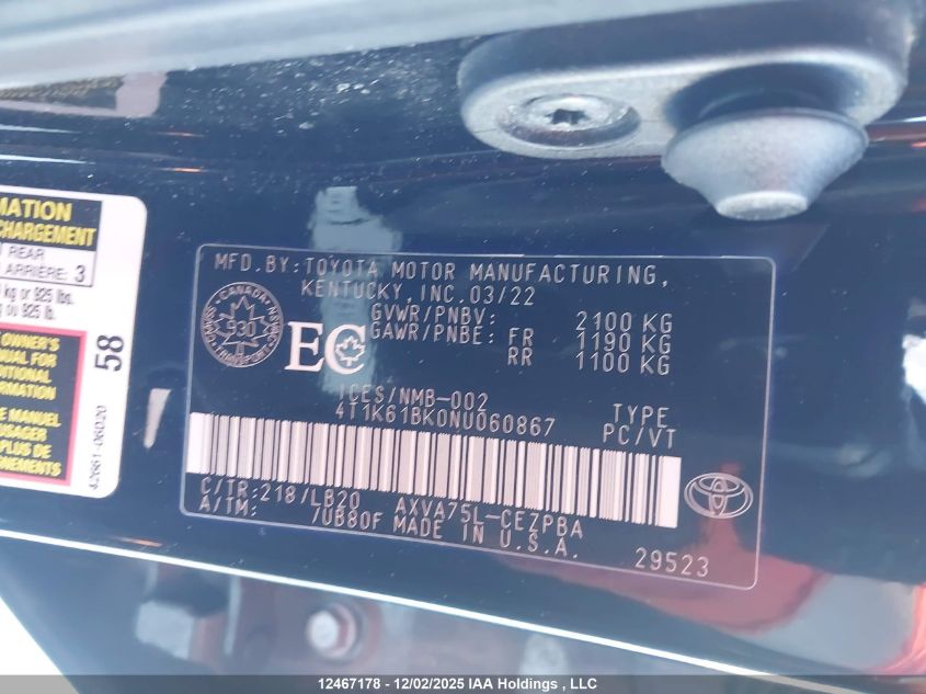 2022 Toyota Camry Xse VIN: 4T1K61BK0NU060867 Lot: 12467178