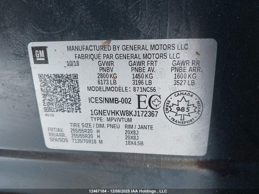 1GNEVHKW8KJ172367 2019 CHEVROLET TRAVERSE photo no. 9