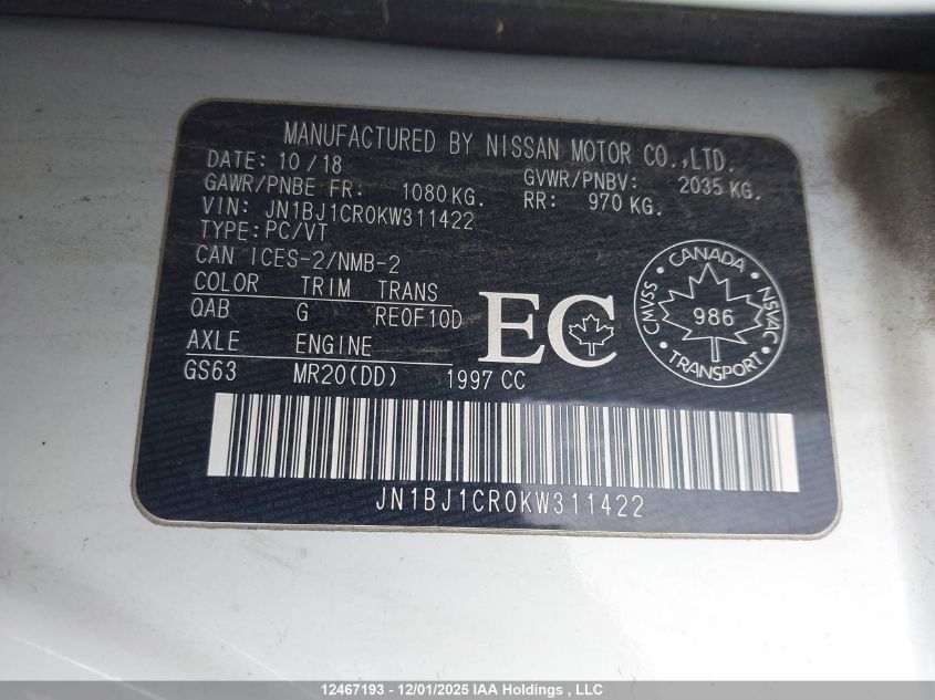 2019 Nissan Qashqai S/Sl/Sv VIN: JN1BJ1CR0KW311422 Lot: 12467193