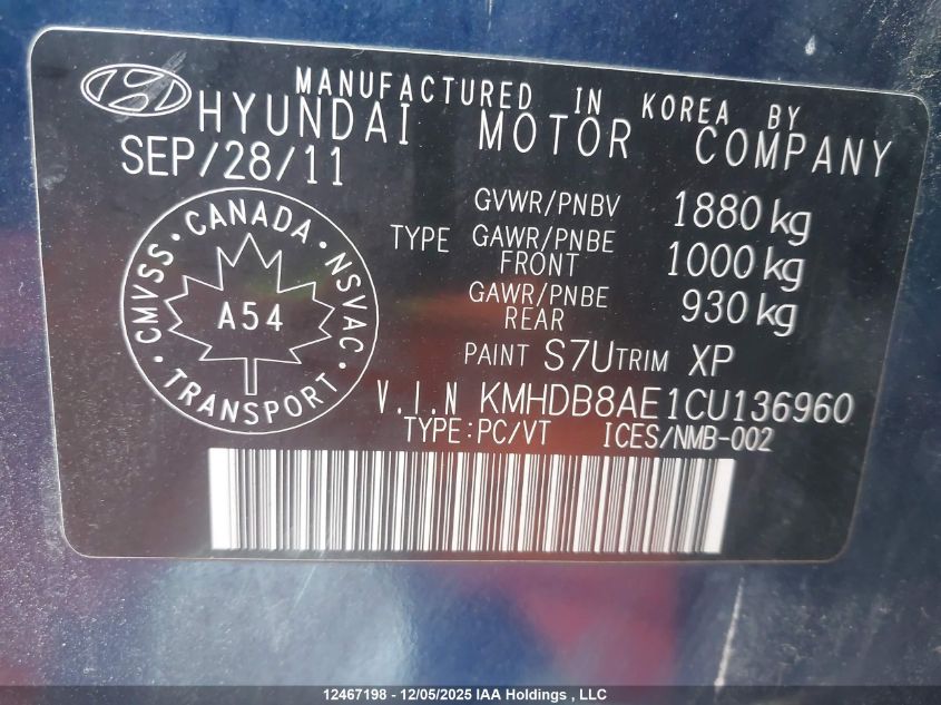 2012 Hyundai Elantra Touring Gls VIN: KMHDB8AE1CU136960 Lot: 12467198