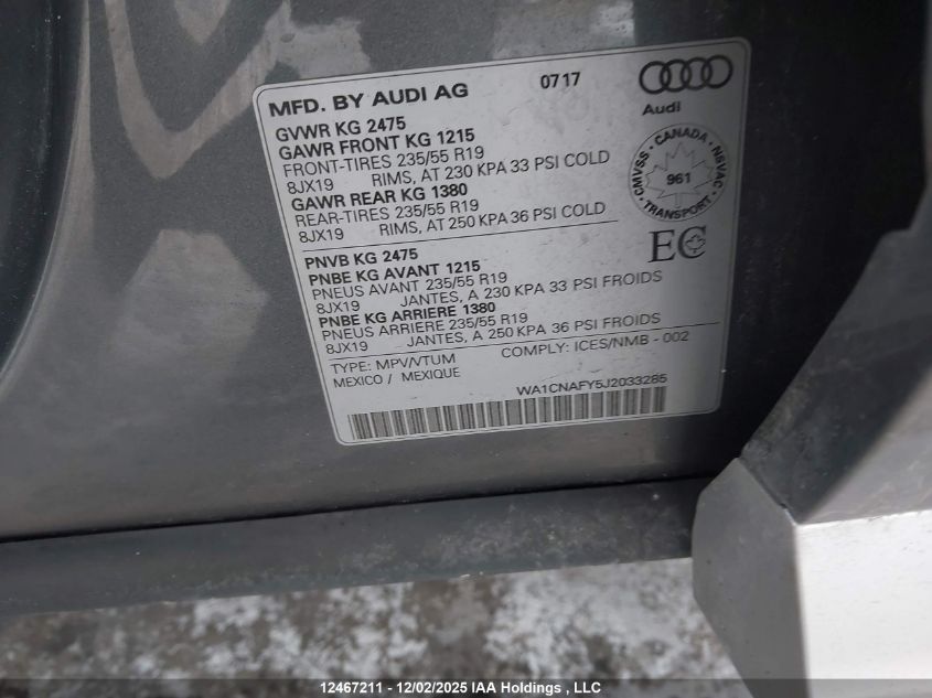 2018 Audi Q5 VIN: WA1CNAFY5J2033285 Lot: 12467211