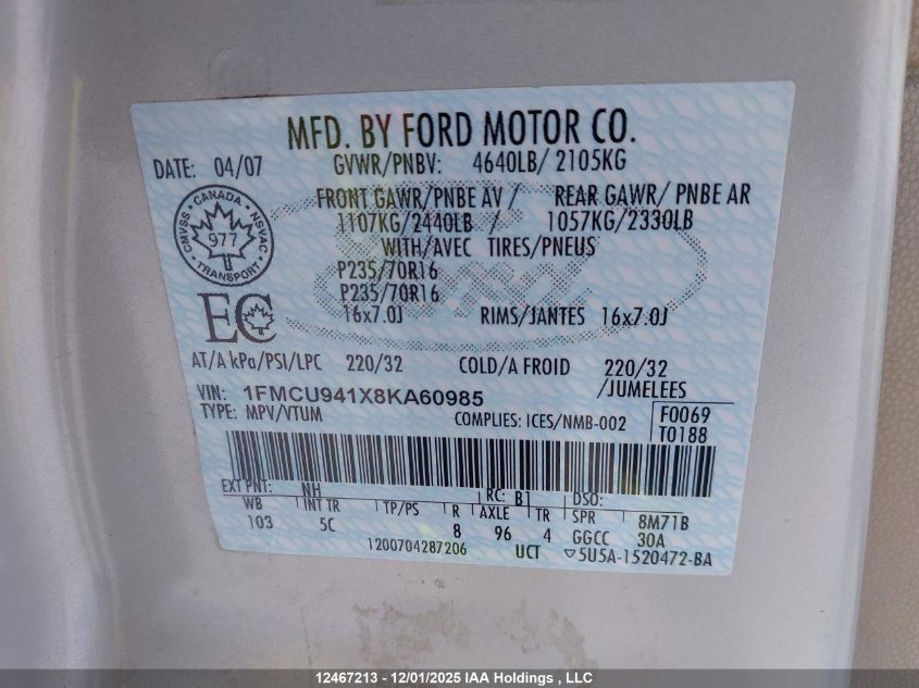 2008 Ford Escape Limited VIN: 1FMCU941X8KA60985 Lot: 12467213