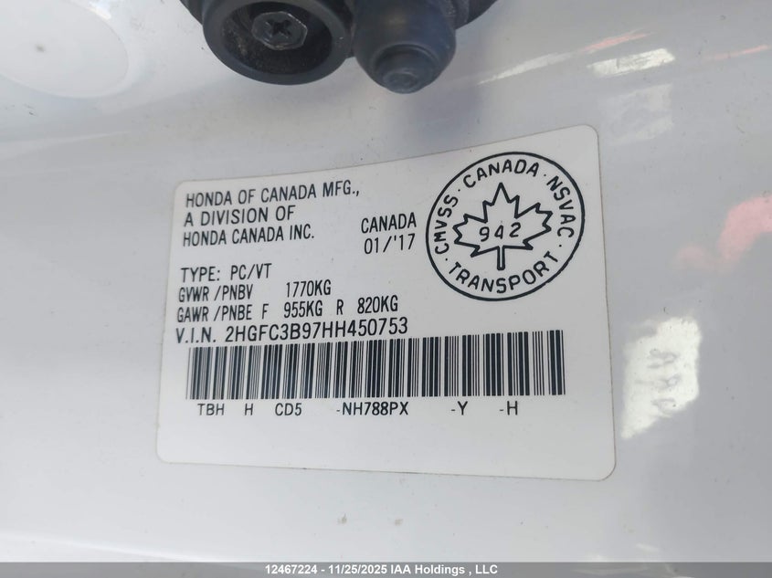 2017 Honda Civic Touring VIN: 2HGFC3B97HH450753 Lot: 12467224