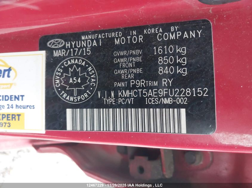2015 Hyundai Accent Gs VIN: KMHCT5AE9FU228152 Lot: 12467229