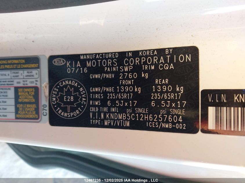 2017 Kia Sedona Lx VIN: KNDMB5C12H6257604 Lot: 12467235