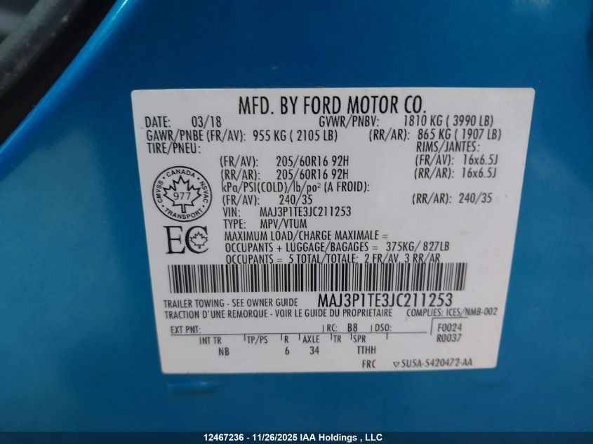 2018 Ford Ecosport Se VIN: MAJ3P1TE3JC211253 Lot: 12467236