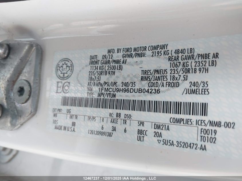 2013 Ford Escape Sel VIN: 1FMCU9H96DUB04236 Lot: 12467237