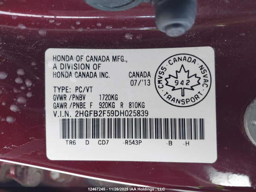 2HGFB2F59DH025839 2013 HONDA CIVIC photo no. 9