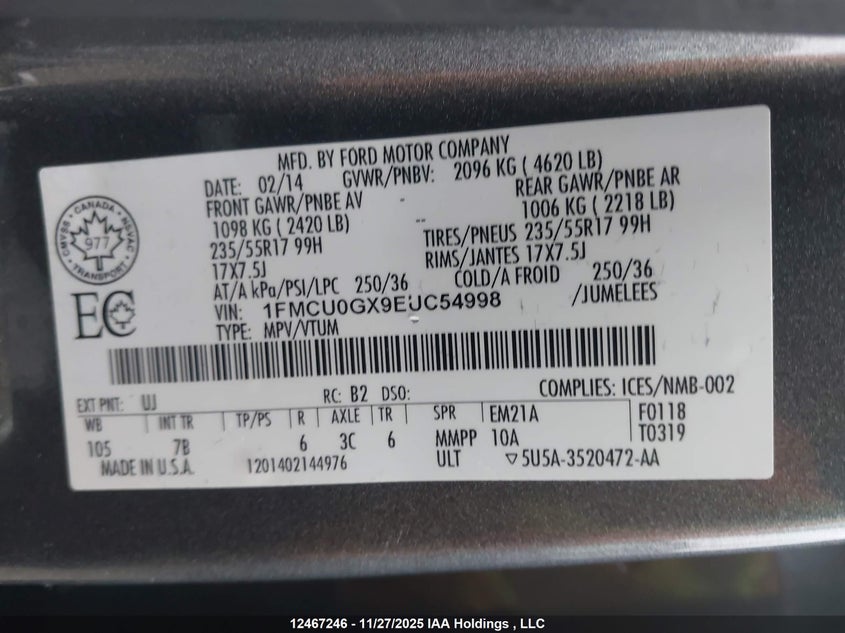 1FMCU0GX9EUC54998 2014 FORD ESCAPE photo no. 9