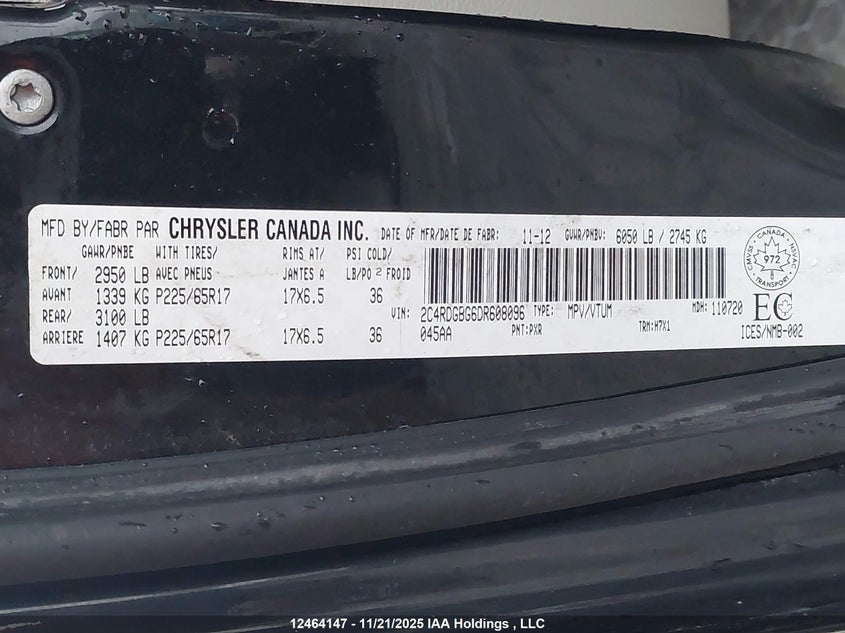 2013 Dodge Grand Caravan Se/Sxt VIN: 2C4RDGBG6DR608096 Lot: 12464147X