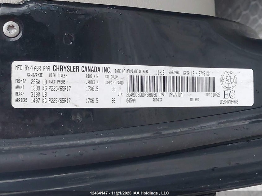 2013 Dodge Grand Caravan Se/Sxt VIN: 2C4RDGBG6DR608096 Lot: 12464147X