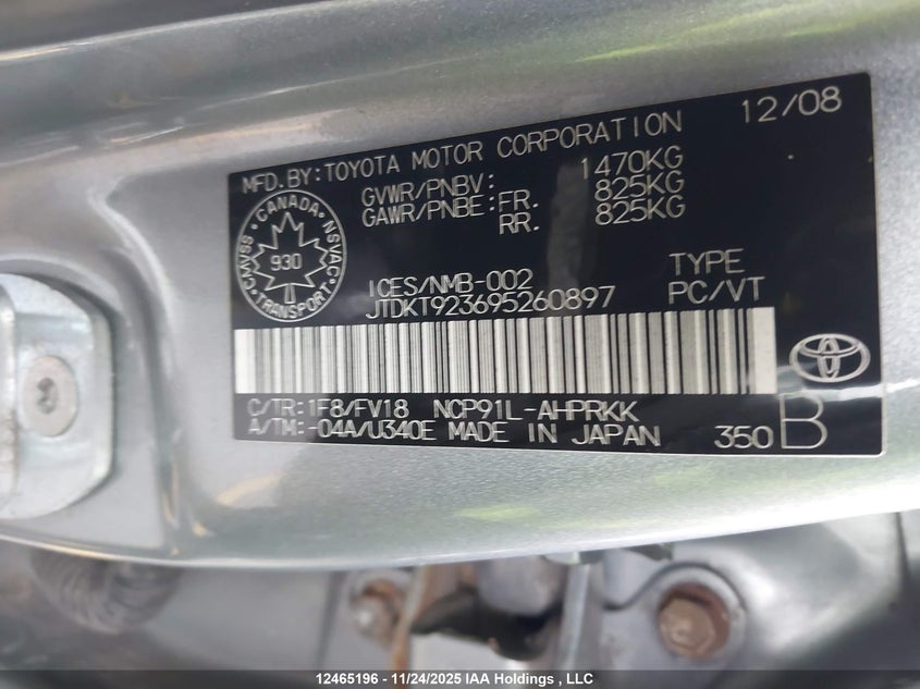 2009 Toyota Yaris Le/Rs VIN: JTDKT923695260897 Lot: 12465196X