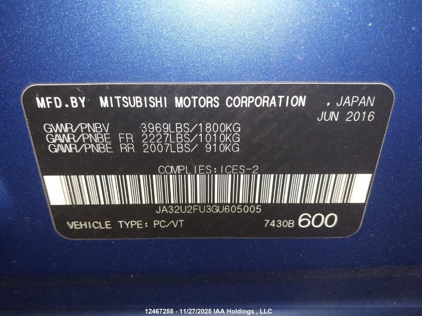 2016 Mitsubishi Lancer VIN: JA32U2FU3GU605005 Lot: 12467255