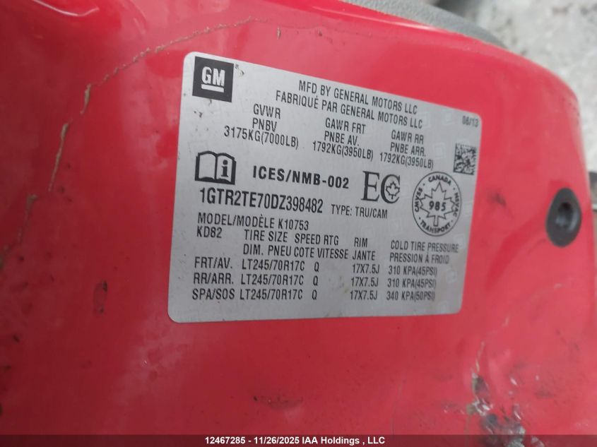 2013 GMC Sierra K1500 VIN: 1GTR2TE70DZ398482 Lot: 12467285