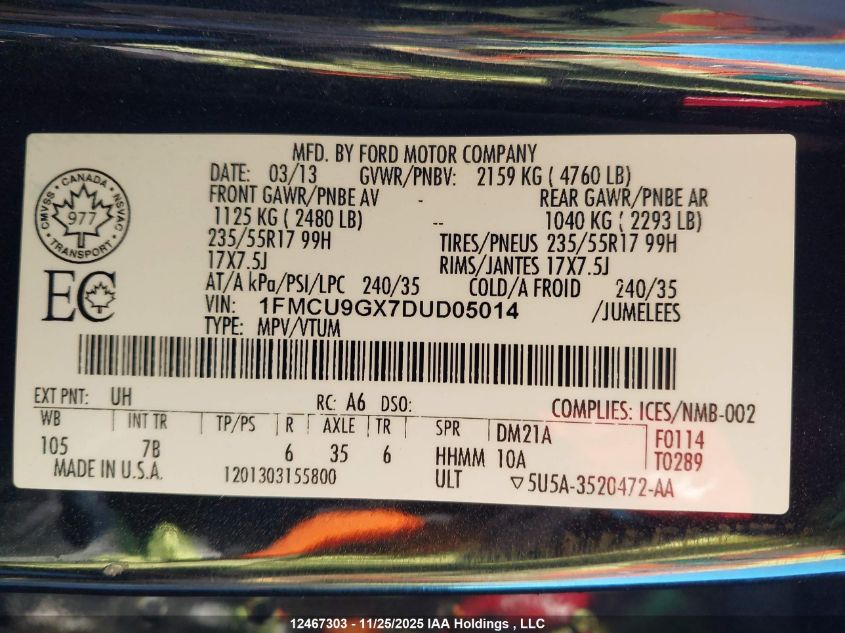 2013 Ford Escape Se VIN: 1FMCU9GX7DUD05014 Lot: 12467303