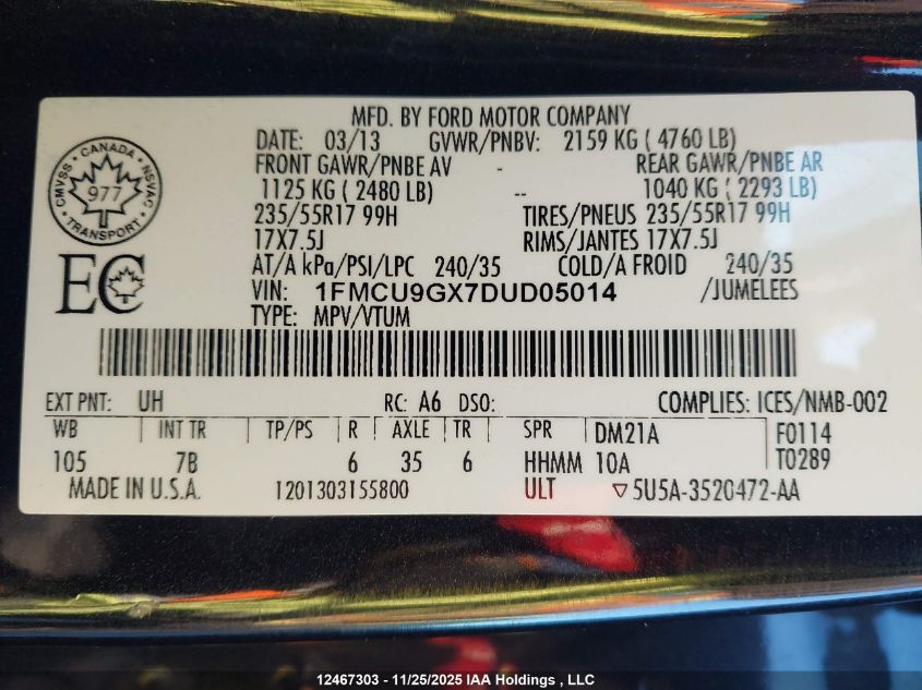 2013 Ford Escape Se VIN: 1FMCU9GX7DUD05014 Lot: 12467303