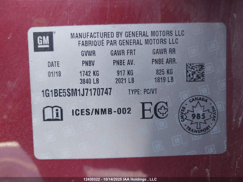 2018 Chevrolet Cruze Lt Auto VIN: 1G1BE5SM1J7170747 Lot: 12430322X