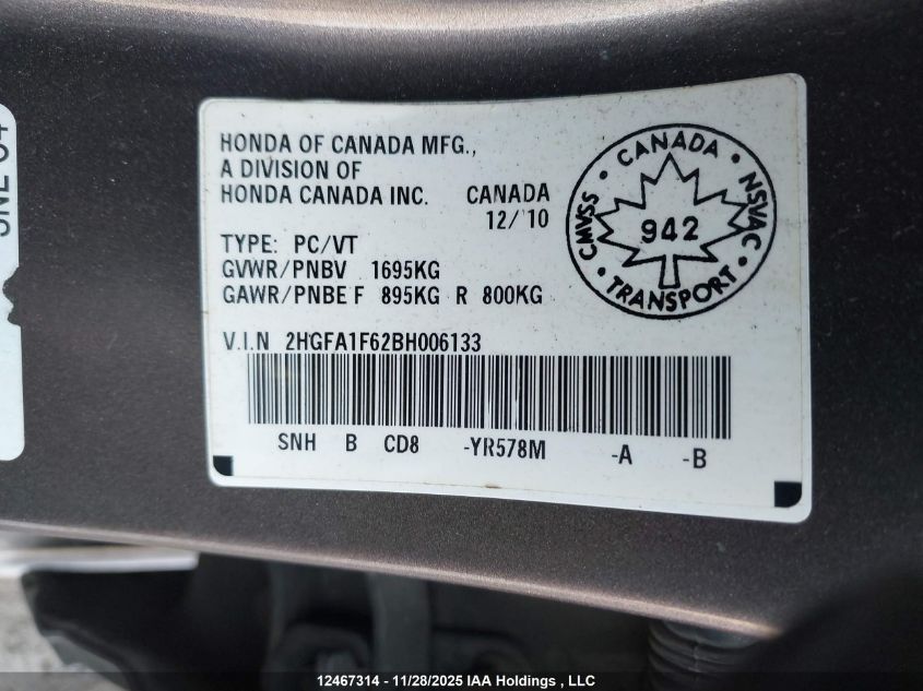 2011 Honda Civic Se VIN: 2HGFA1F62BH006133 Lot: 12467314