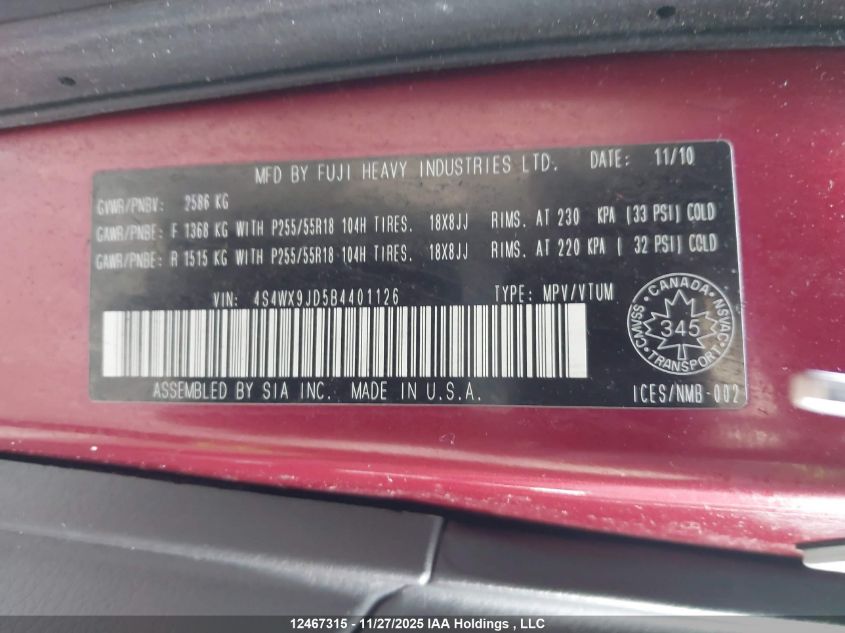 2011 Subaru Tribeca Limited/Touring VIN: 4S4WX9JD5B4401126 Lot: 12467315