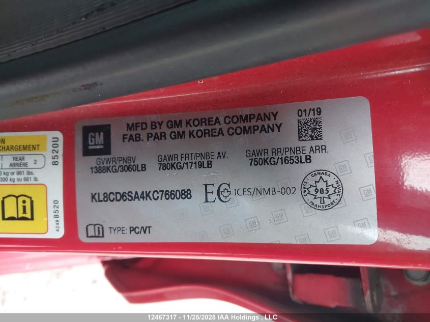 2019 Chevrolet Spark 1Lt Cvt VIN: KL8CD6SA4KC766088 Lot: 12467317