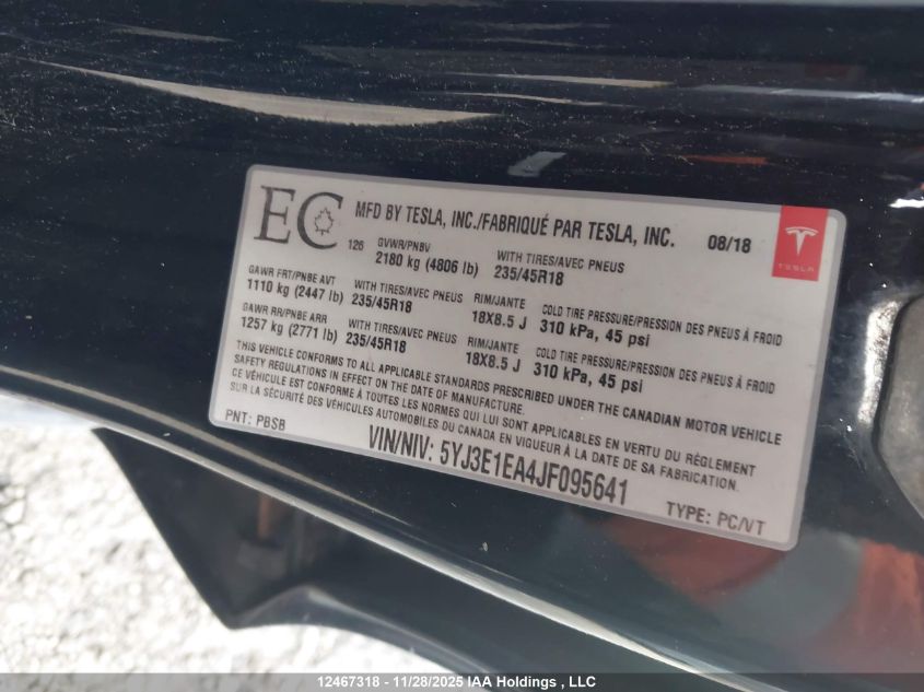 2018 Tesla Model 3 Long Range/Mid Range VIN: 5YJ3E1EA4JF095641 Lot: 12467318