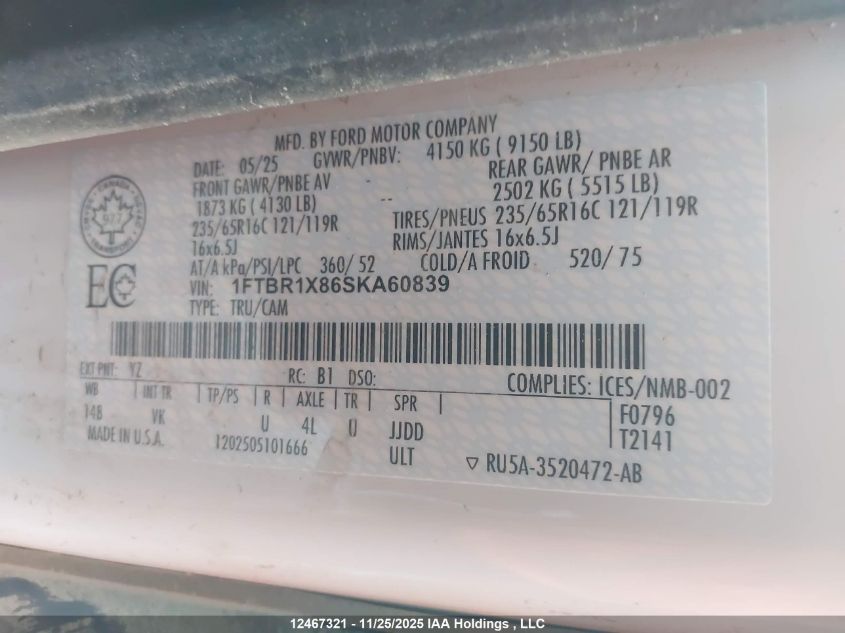 2025 Ford Transit T-250 VIN: 1FTBR1X86SKA60839 Lot: 12467321