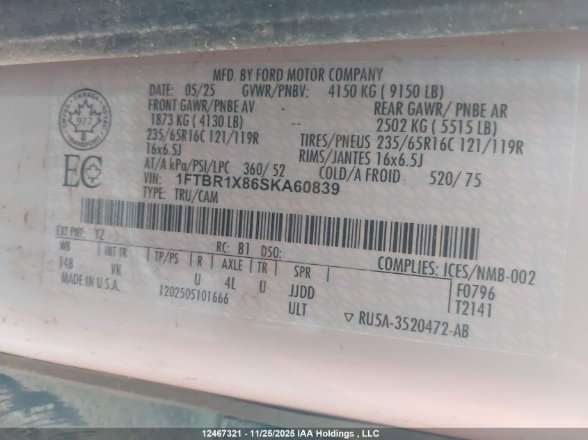 2025 Ford Transit T-250 VIN: 1FTBR1X86SKA60839 Lot: 12467321