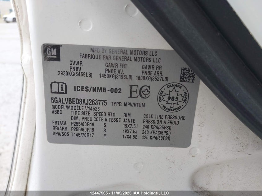 2010 Buick Enclave Cxl VIN: 5GALVBED8AJ263775 Lot: 12447565X