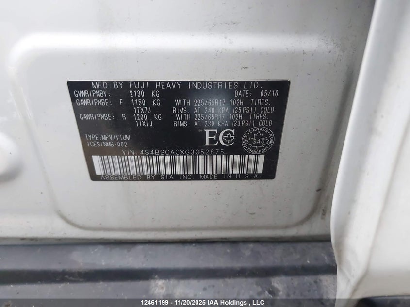 2016 Subaru Outback 2.5I VIN: 4S4BSCACXG3352875 Lot: 12461199X