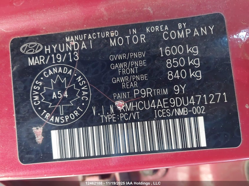 2013 Hyundai Accent Gls VIN: KMHCU4AE9DU471271 Lot: 12462188X