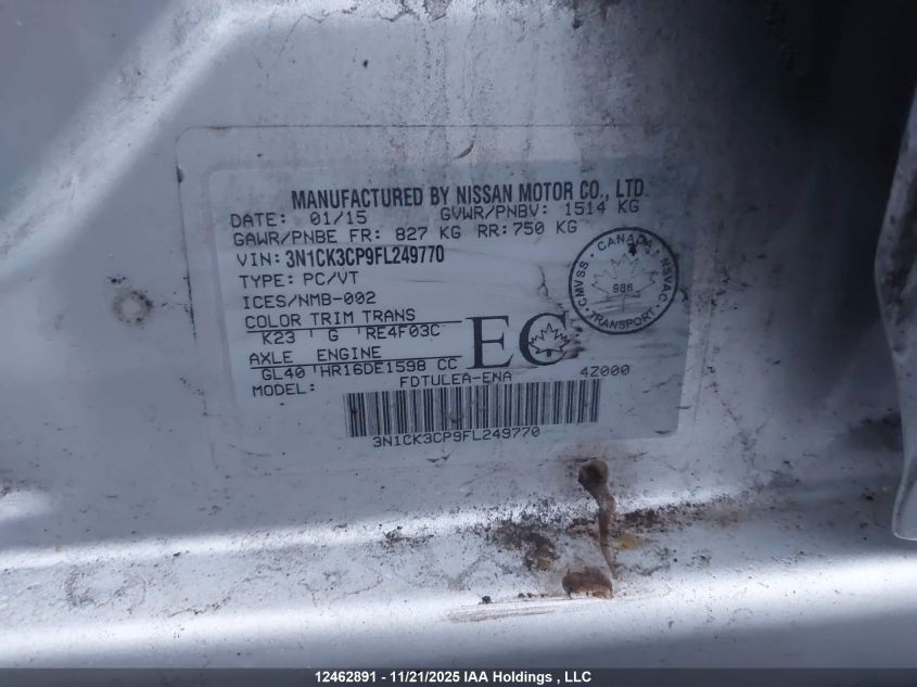 2015 Nissan Micra S/Sr/Sv VIN: 3N1CK3CP9FL249770 Lot: 12462891X