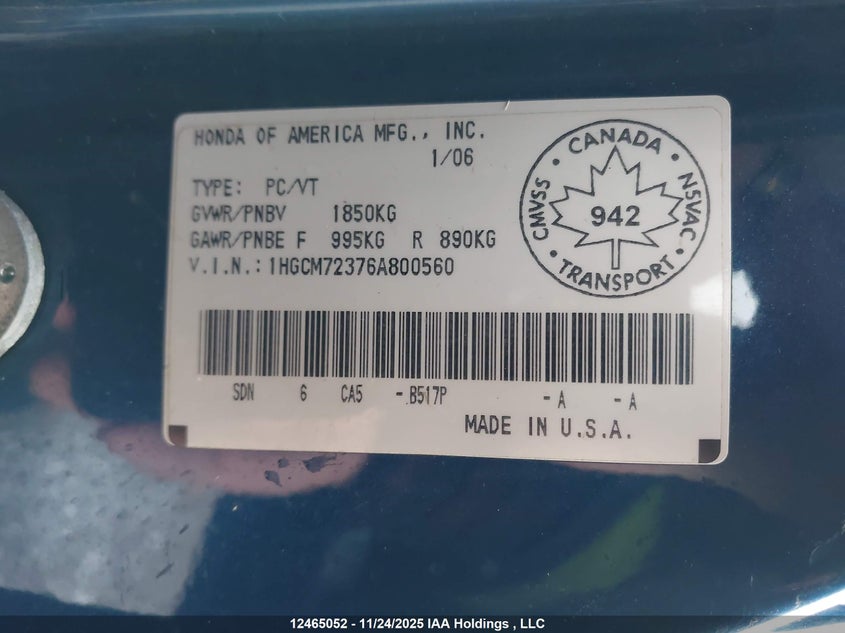 2006 Honda Accord Lx VIN: 1HGCM72376A800560 Lot: 12465052X