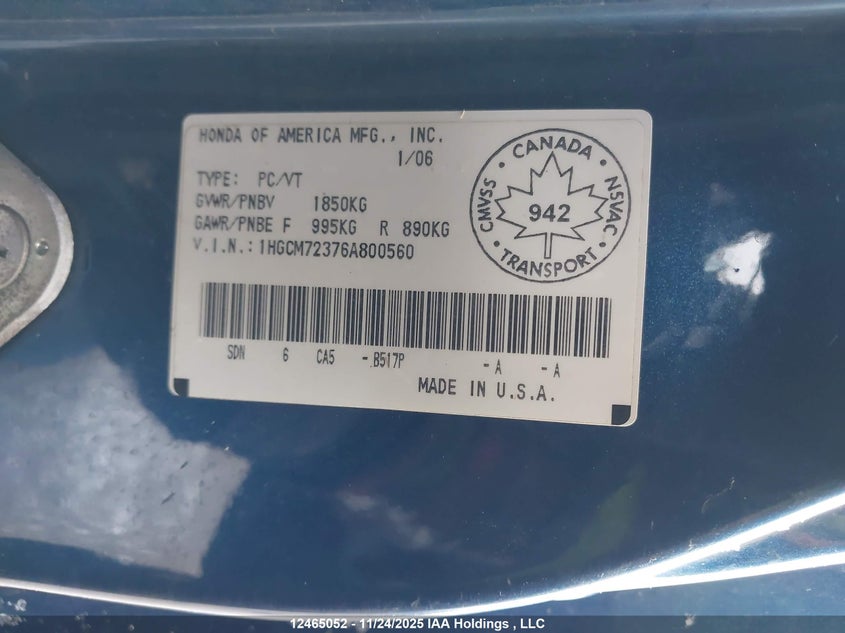 2006 Honda Accord Lx VIN: 1HGCM72376A800560 Lot: 12465052X
