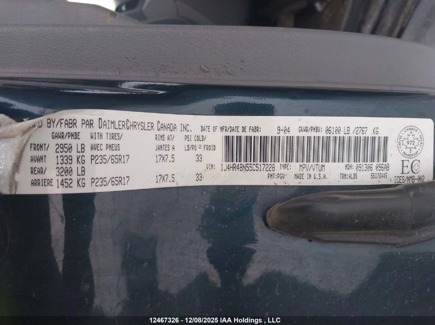 2005 Jeep Grand Cherokee Laredo/Columbia/Freedom VIN: 1J4HR48N55C517228 Lot: 12467326