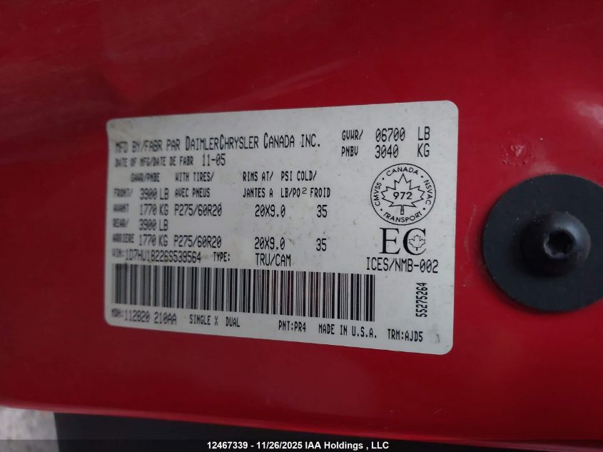 2006 Dodge Ram 1500 VIN: 1D7HU18226S539564 Lot: 12467339