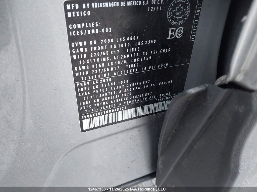 2022 Volkswagen Taos Trendline VIN: 3VVAX7B27NM048723 Lot: 12467353