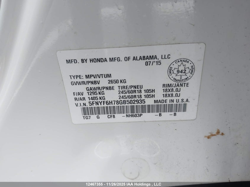 5FNYF6H78GB502935 2016 HONDA PILOT photo no. 9