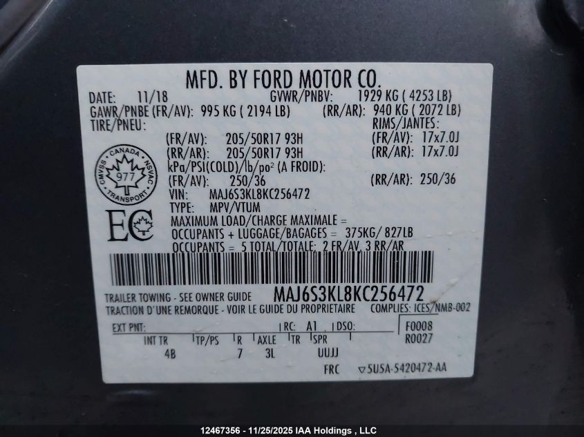 2019 Ford Ecosport Titanium VIN: MAJ6S3KL8KC256472 Lot: 12467356