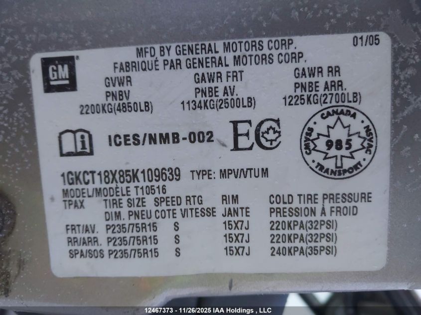 1GKCT18X85K109639 2005 GMC JIMMY photo no. 9