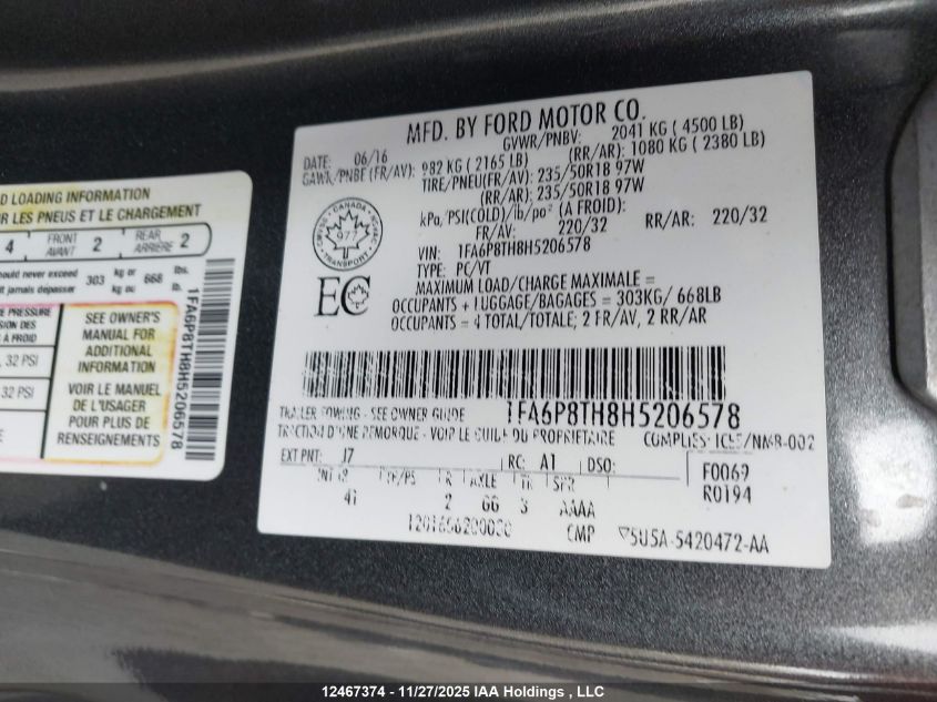 2017 Ford Mustang Ecoboost Premium VIN: 1FA6P8TH8H5206578 Lot: 12467374