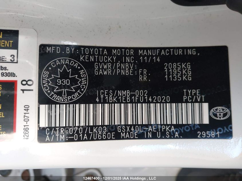 2015 Toyota Avalon Xle/Premium/Touring/Ltd VIN: 4T1BK1EB1FU142020 Lot: 12467400